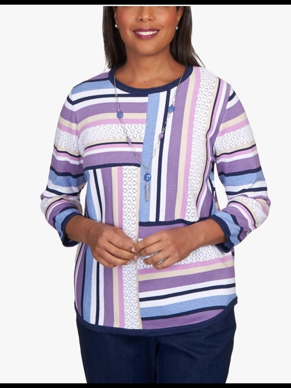 Alfred Dunner Womens Petite Blocked Stripe Shirttail Sweater